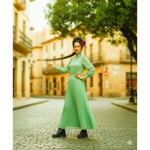 Vintage 70s Mint Green Pleated Maxi Dress